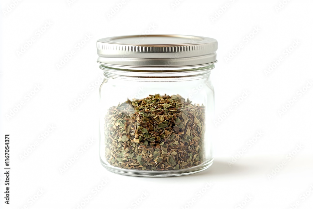 Dry Oregano Leaves in Clear Glass Jar with Silver Lid on White Background Dry Oregano Leaves in Clear Glass Jar with Silver Lid on White Background