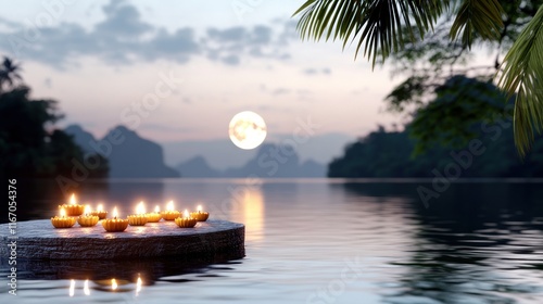 Serene lakeside scene with floating candles and a rising moon.