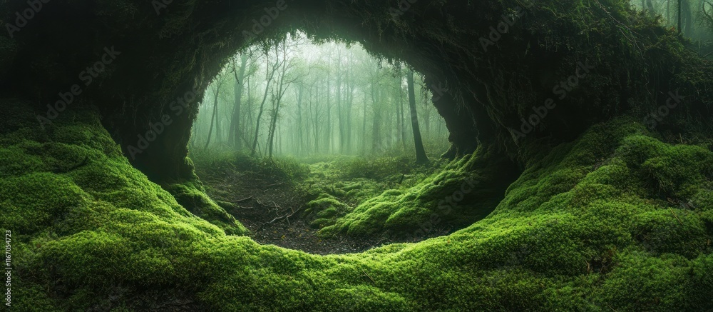Obraz premium Enchanting mossy forest arch with glowing green moss and lush vegetation leads to a mysterious otherworldly realm of fantasy and imagination Serene
