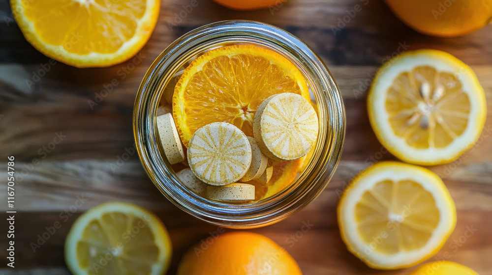 Clear Jar with Dietary Supplements and Fresh Citrus Slices on Wooden Surface Clear Jar with Dietary Supplements and Fresh Citrus Slices on Wooden Surface