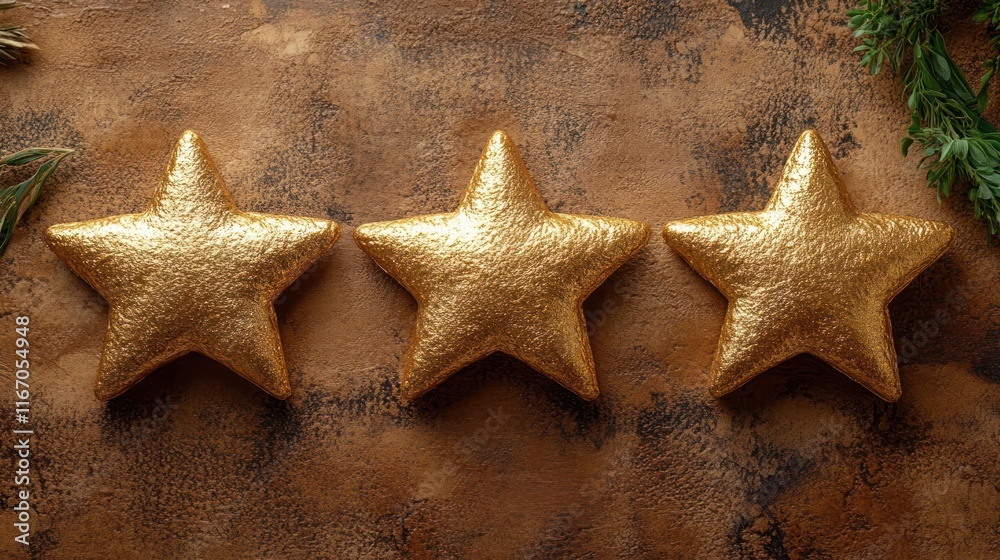 Three golden star decorations on a textured background.