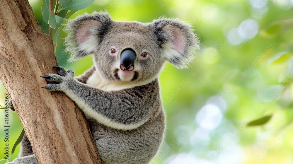 Obraz premium A koala perched on a tree, surrounded by greenery.