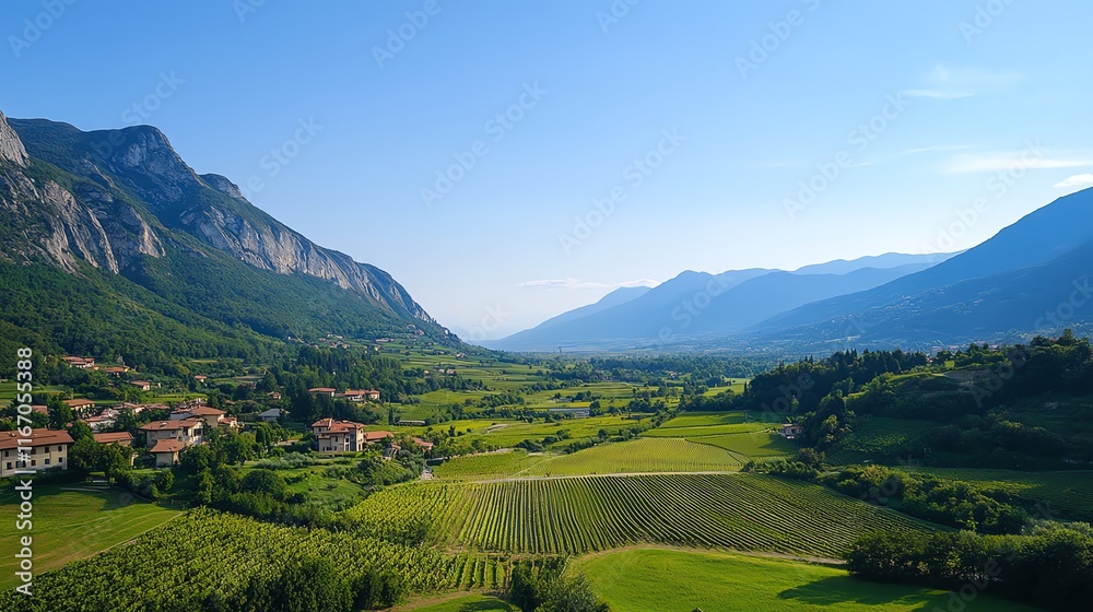 Scenic view of a lush valley surrounded by mountains under a clear blue sky. Scenic view of a lush valley surrounded by mountains under a clear blue sky.