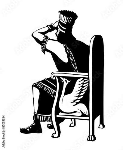 Vector drawing. The king looks at the youths in the oven