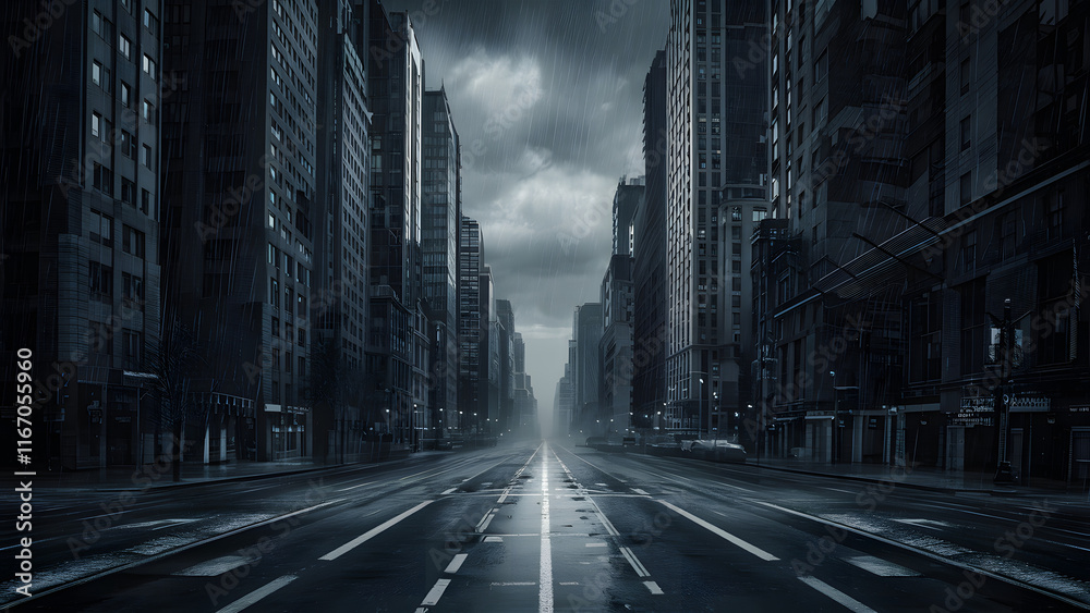 Naklejka premium A monochrome cityscape with heavy shadows and bright highlights, giving it a bold and mysterious feel. 