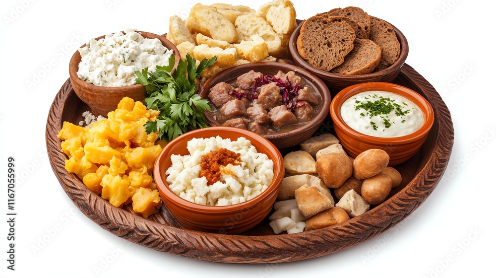 Assorted food platter with bowls of cheese, meat, and bread on a wooden tray. Assorted food platter with bowls of cheese, meat, and bread on a wooden tray.