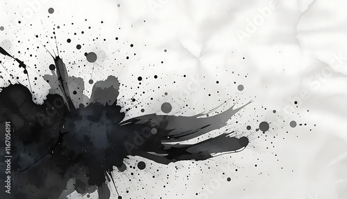 Abstract Black Ink Splashes White Paper Background Design photo