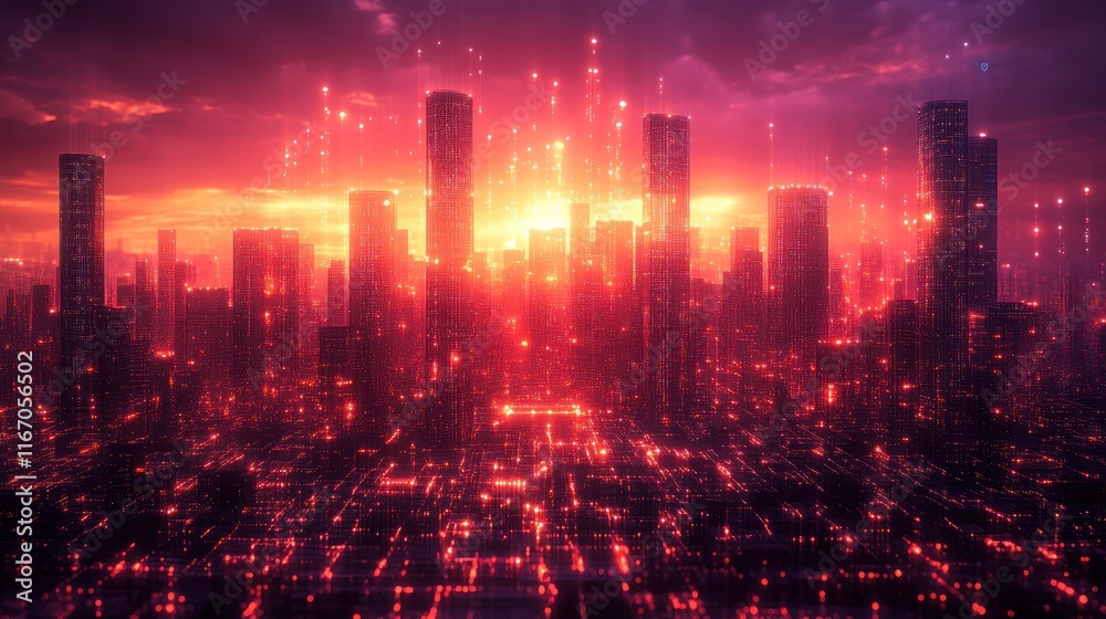 Fototapeta premium Futuristic cityscape with digital elements at sunset.