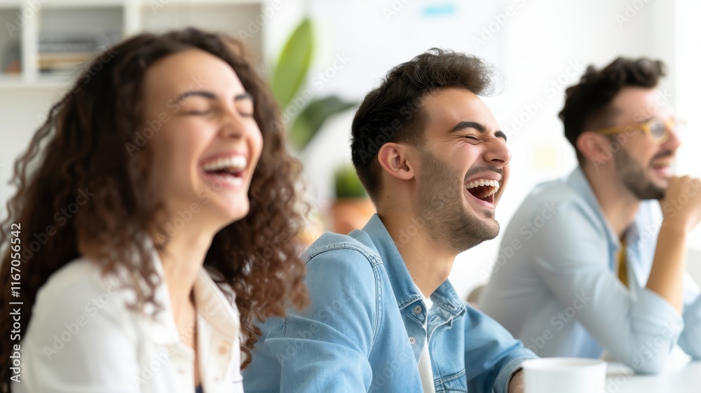 Obraz premium A joyful group laughing together in a bright, modern setting, showcasing happiness and camaraderie.