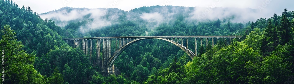 Majestic bridge surrounded by lush green forest and misty mountains. Majestic bridge surrounded by lush green forest and misty mountains.