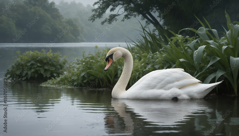 Obraz premium Elegant White Swan Serene Lake Misty Green Foliage Background