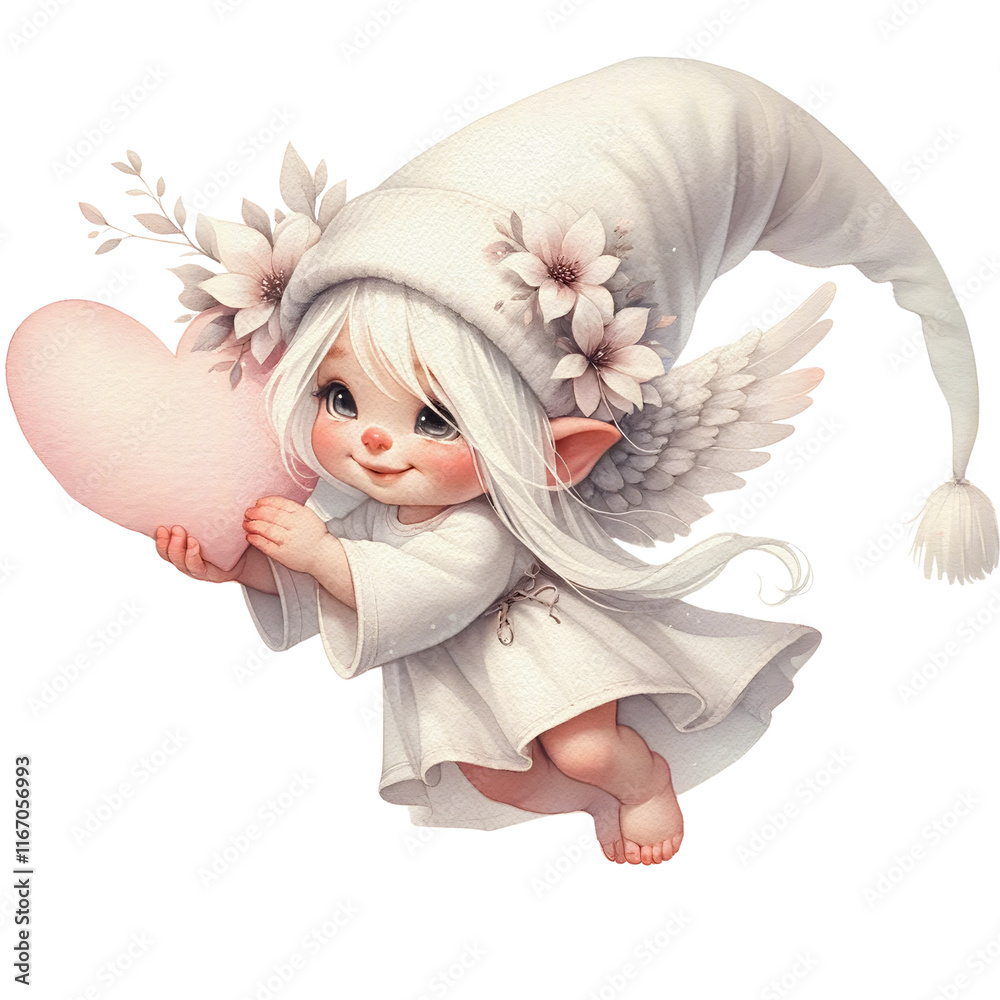 Fototapeta premium cute baby gnome with wings holds heart, wearing white hat adorned with flowers