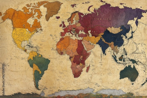 Antique world map, colorful, textured, political borders.