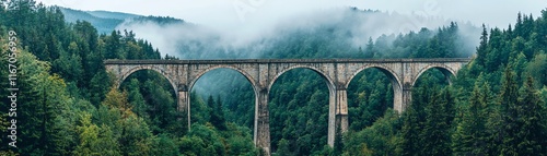 Historic railway viaduct surrounded by lush green forest and mist. photo