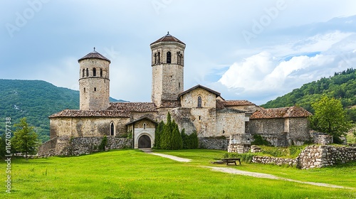 Ancient stone monastery with two towers and lush green landscape.