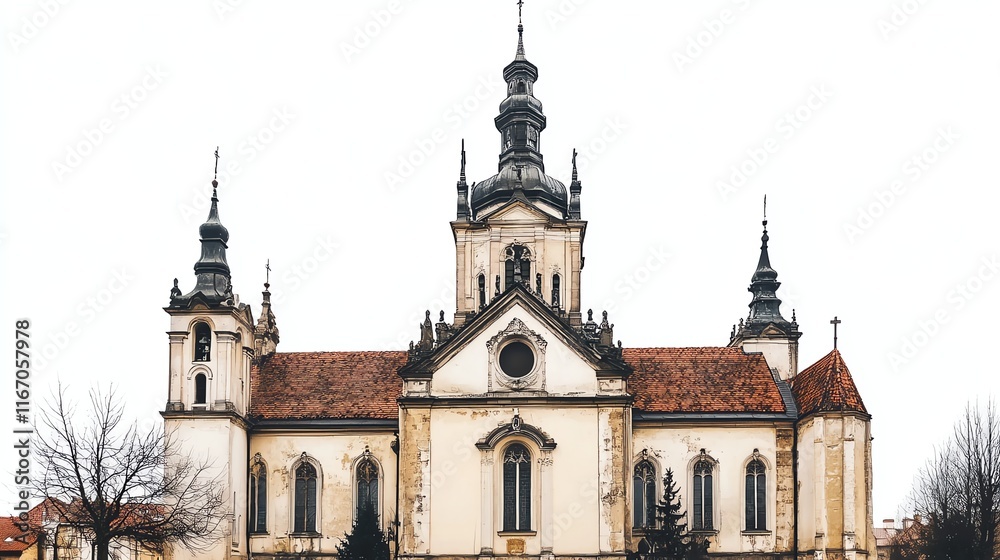 Historic church with detailed architecture, set against a white isolated background. Historic church with detailed architecture, set against a white isolated background.