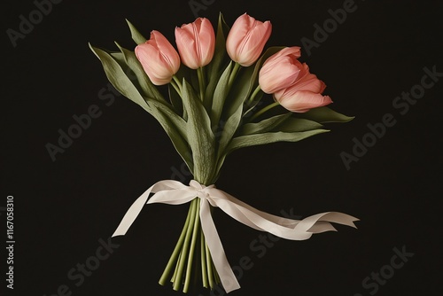 Elegant Pink Tulip Bouquet with Green Leaves on Dark Background