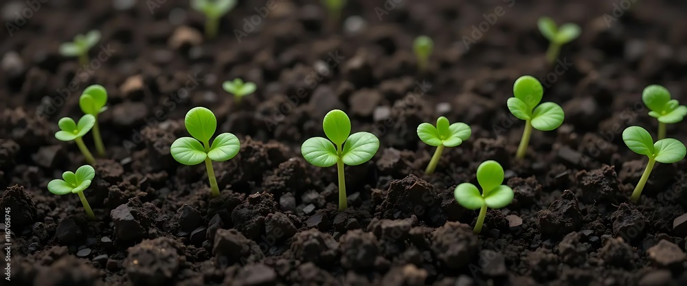Seedlings Sprouting in Rich Soil with Small Green Leaves Seedlings Sprouting in Rich Soil with Small Green Leaves