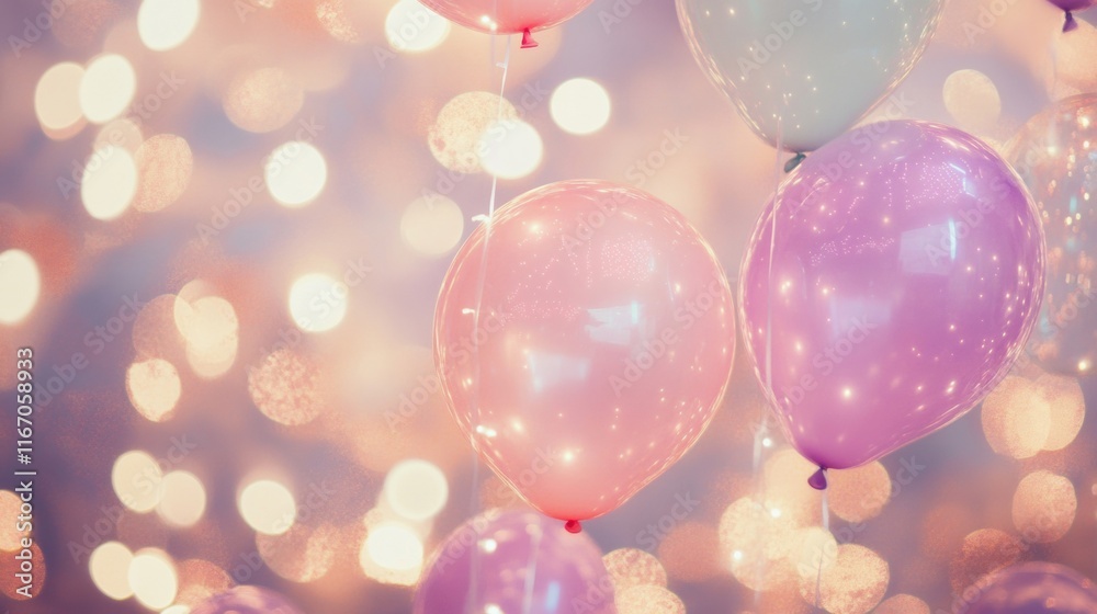 Balloons in shades of pink and purple float gently, surrounded by a warm glow, setting a joyful mood for a special occasion or party Balloons in shades of pink and purple float gently, surrounded by a warm glow, setting a joyful mood for a special occasion or party