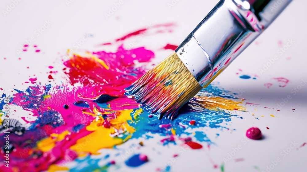 Obraz premium A paintbrush creating a vibrant splash of colors on a white canvas.