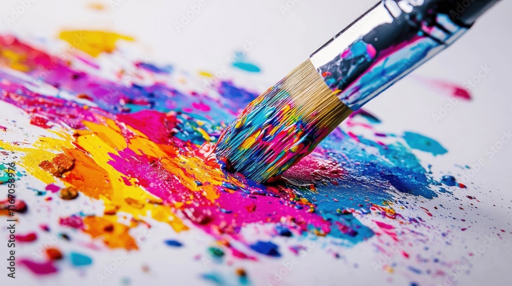 Fototapeta premium A close-up of a paintbrush mixing vibrant colors on a white canvas.