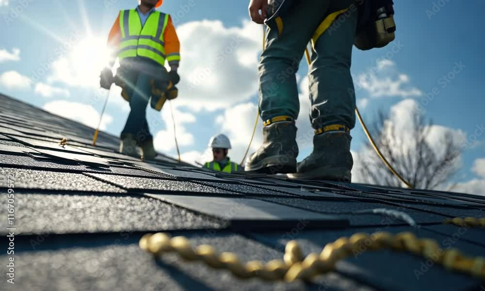 Roofers at Work: High Angle View of Construction Workers on a Residential Roof