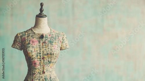 A vintage dress form mannequin stands elegantly, showcasing a floral patterned dress. The softly lit studio adds a serene atmosphere