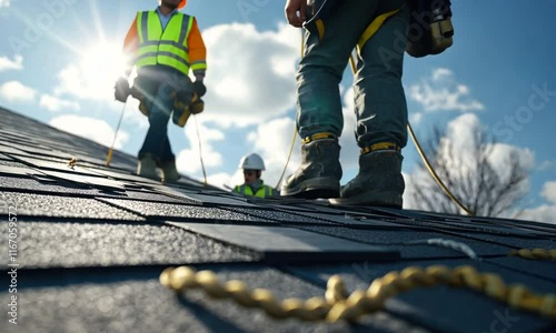 Roofers at Work: High Angle View of Construction Workers on a Residential Roof