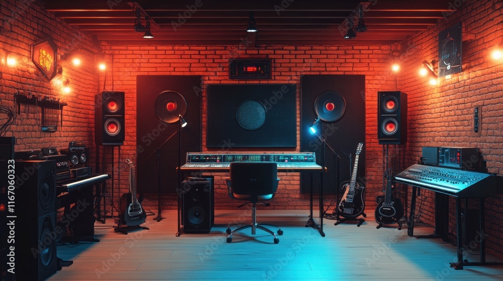 A professional music recording studio with a mixing console, speakers, microphones, guitars, and a keyboard in a brick room with neon lighting. A professional music recording studio with a mixing console, speakers, microphones, guitars, and a keyboard in a brick room with neon lighting.