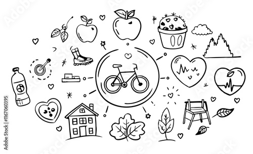 healthy lifestyle hand-drawn infographics template, plant mountain nutrition love