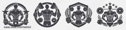 set fitness template design muscular man weightlifting barbells, activity lifestyle recreation sport