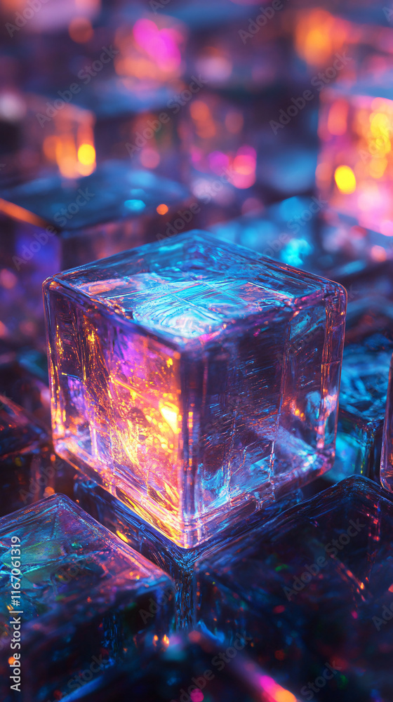 Abstract glowing cubes with layered textures and reflective highlights.