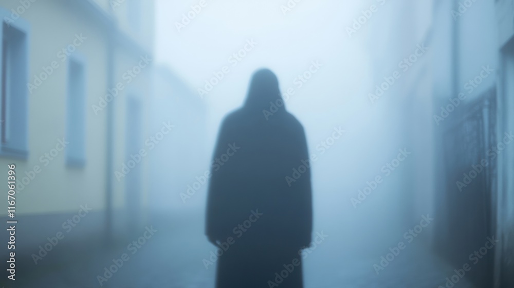 Fototapeta premium A solitary figure cloaked in darkness looms in a foggy alley, surrounded by an atmosphere of mystery and intrigue during twilight