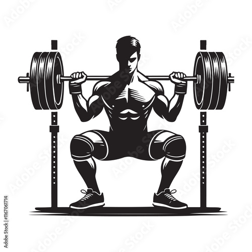 Weightlifting Silhouette Vector Illustration, Solid White Background.