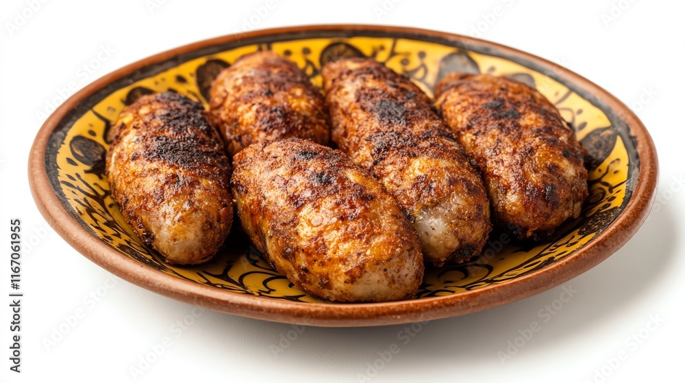Savory, grilled meat kebabs served on a decorative plate. Savory, grilled meat kebabs served on a decorative plate.
