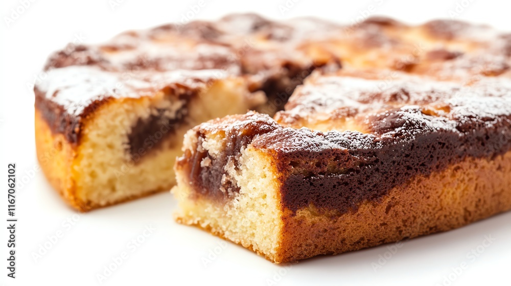 Slice of chocolate marble cake with a moist and fluffy texture, on white background. Slice of chocolate marble cake with a moist and fluffy texture, on white background.