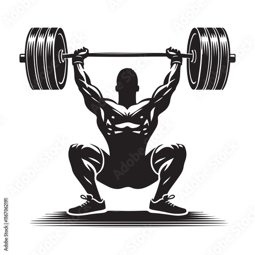 Weightlifting Silhouette Vector Illustration, Solid White Background.