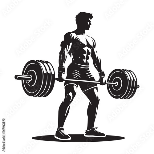 Weightlifting Silhouette Vector Illustration, Solid White Background.