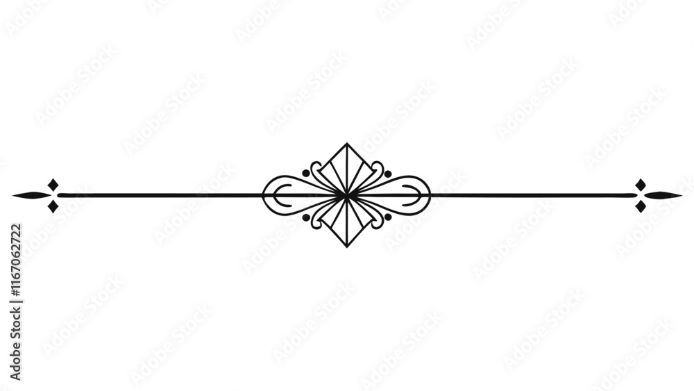 Elegant Decorative Divider Line with Symmetric Ornamental Border, Featuring Floral Motif and Abstract Flourish Filigree Elements Elegant Decorative Divider Line with Symmetric Ornamental Border, Featuring Floral Motif and Abstract Flourish Filigree Elements