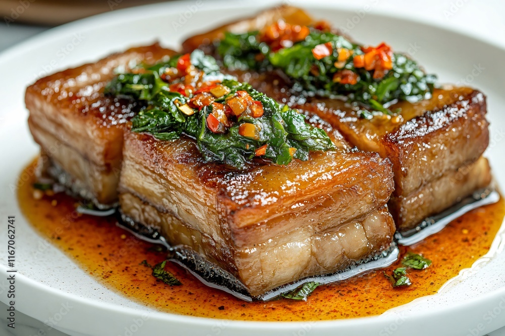 Crispy Pork Belly with Green Herb Sauce and Red Chili Garnish