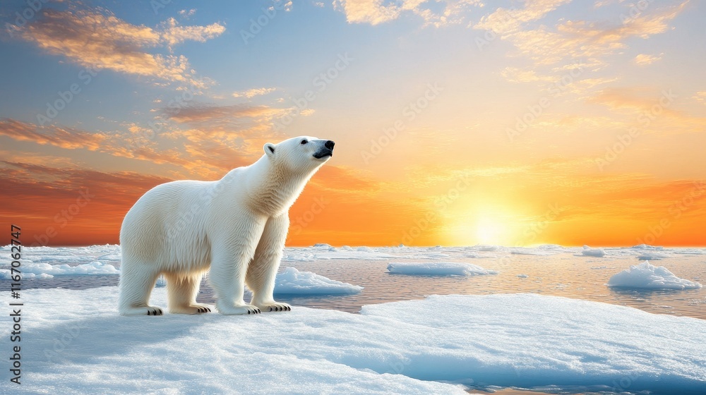 A polar bear standing on melting ice in the Arctic, with a scenic sunset and open water in the background. A polar bear standing on melting ice in the Arctic, with a scenic sunset and open water in the background.