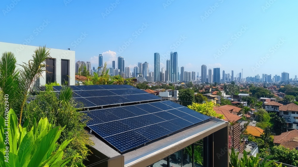 Fototapeta premium photovoltaic panels or solar panels on the roof of an apartment building in a tropical climate with a modern city skyline in background, with clear blue sky, green plants, sustainable energy concept,