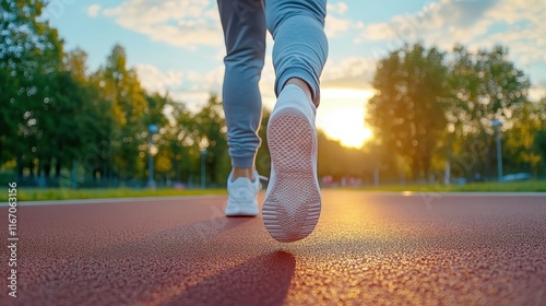 Low-angle view of a person walking on a running track at sunset, focusing on the shoe sole and evening light.