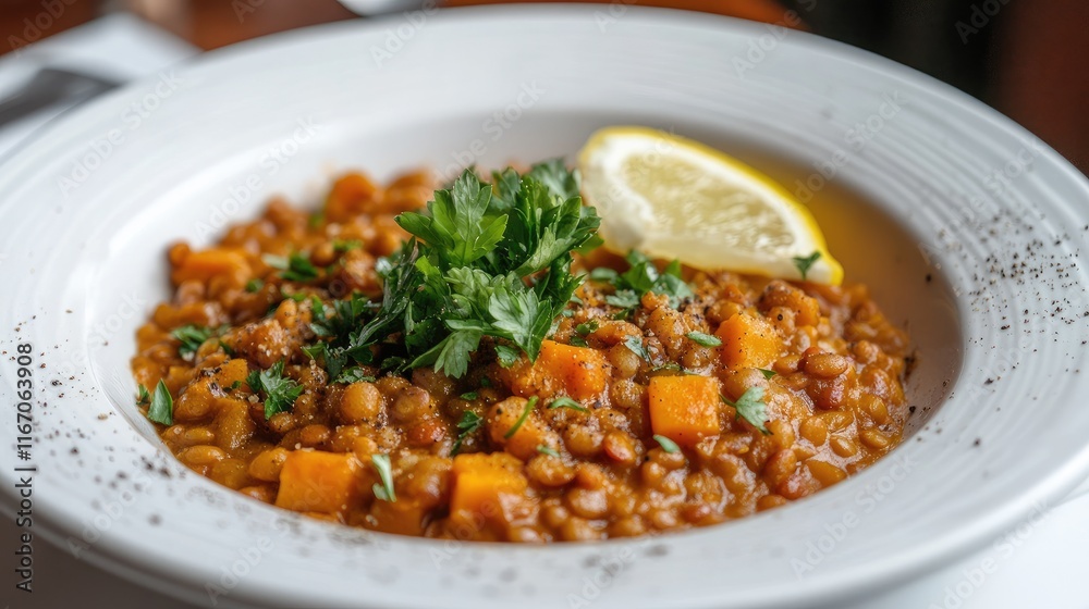 Lentil pumpkin soup garnished with lemon slice and parsley in a white plate showcasing vibrant colors and textures of hearty ingredients Lentil pumpkin soup garnished with lemon slice and parsley in a white plate showcasing vibrant colors and textures of hearty ingredients