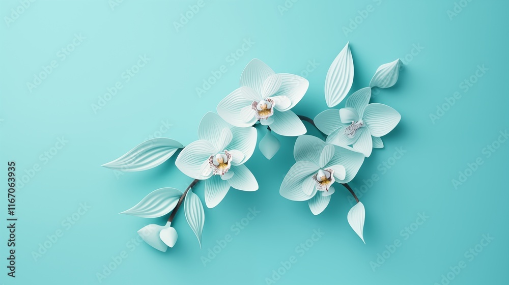 Fototapeta premium Paper cut of a single orchid, empty space in the middle, backlighting, light yellow background,generative ai illustration