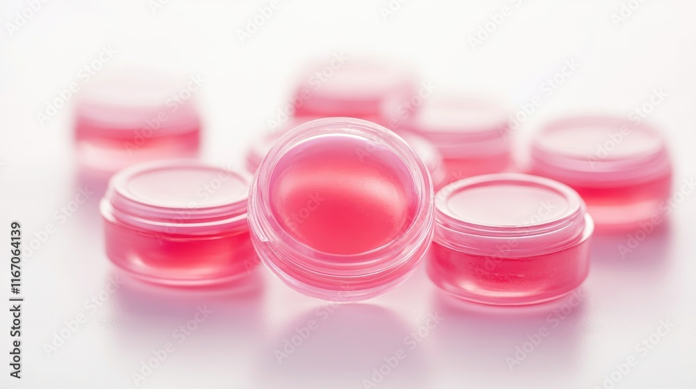 Moisturizing pink lip balm gel in small containers arranged on a white background showcasing skincare beauty products and packaging. Moisturizing pink lip balm gel in small containers arranged on a white background showcasing skincare beauty products and packaging.