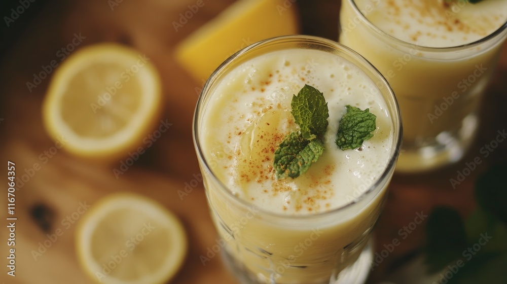 Refreshing lemon smoothie with yogurt garnished with mint leaves and a sprinkle of cinnamon on a rustic wooden background. Refreshing lemon smoothie with yogurt garnished with mint leaves and a sprinkle of cinnamon on a rustic wooden background.