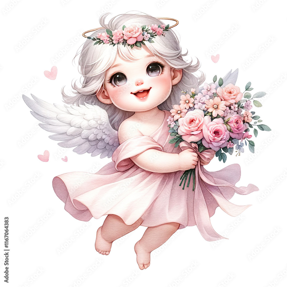 joyful baby angel with wings and floral crown holds bouquet of pink flowers joyful baby angel with wings and floral crown holds bouquet of pink flowers