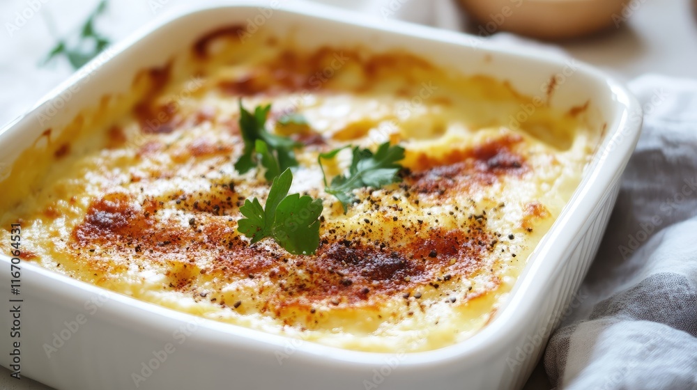 Creamy lentil and sausage bake garnished with herbs in a white casserole dish on a textured cloth background. Creamy lentil and sausage bake garnished with herbs in a white casserole dish on a textured cloth background.