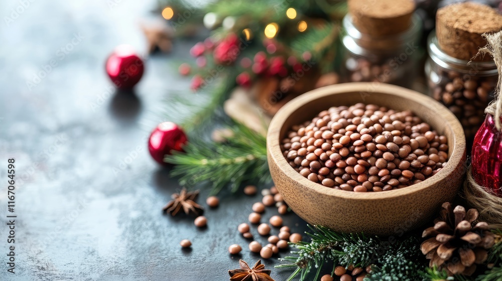 Fototapeta premium Rustic wooden bowl filled with lentils surrounded by holiday decorations and greenery on a textured surface ideal for seasonal culinary themes